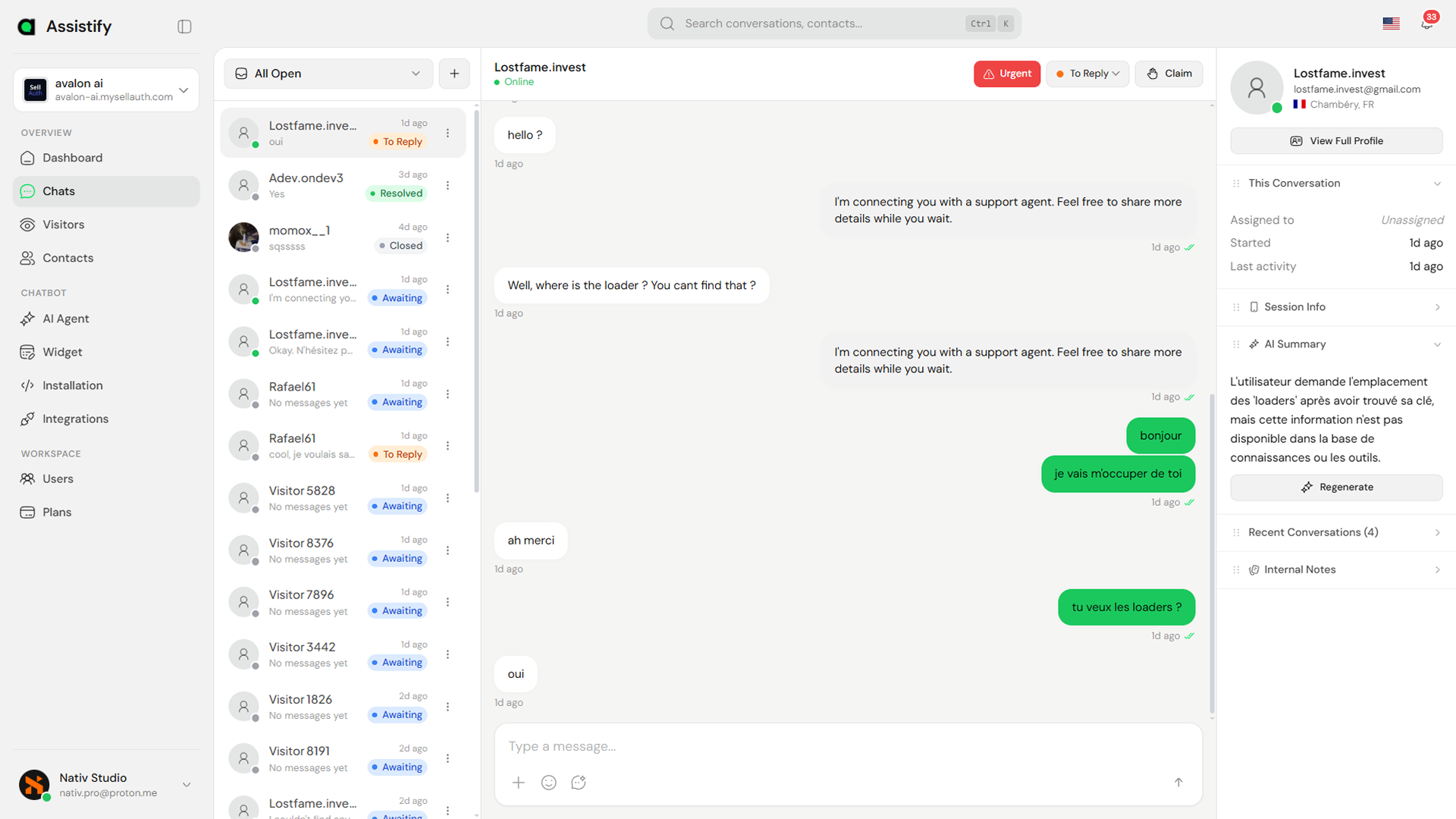 Assistify Dashboard - Inbox view