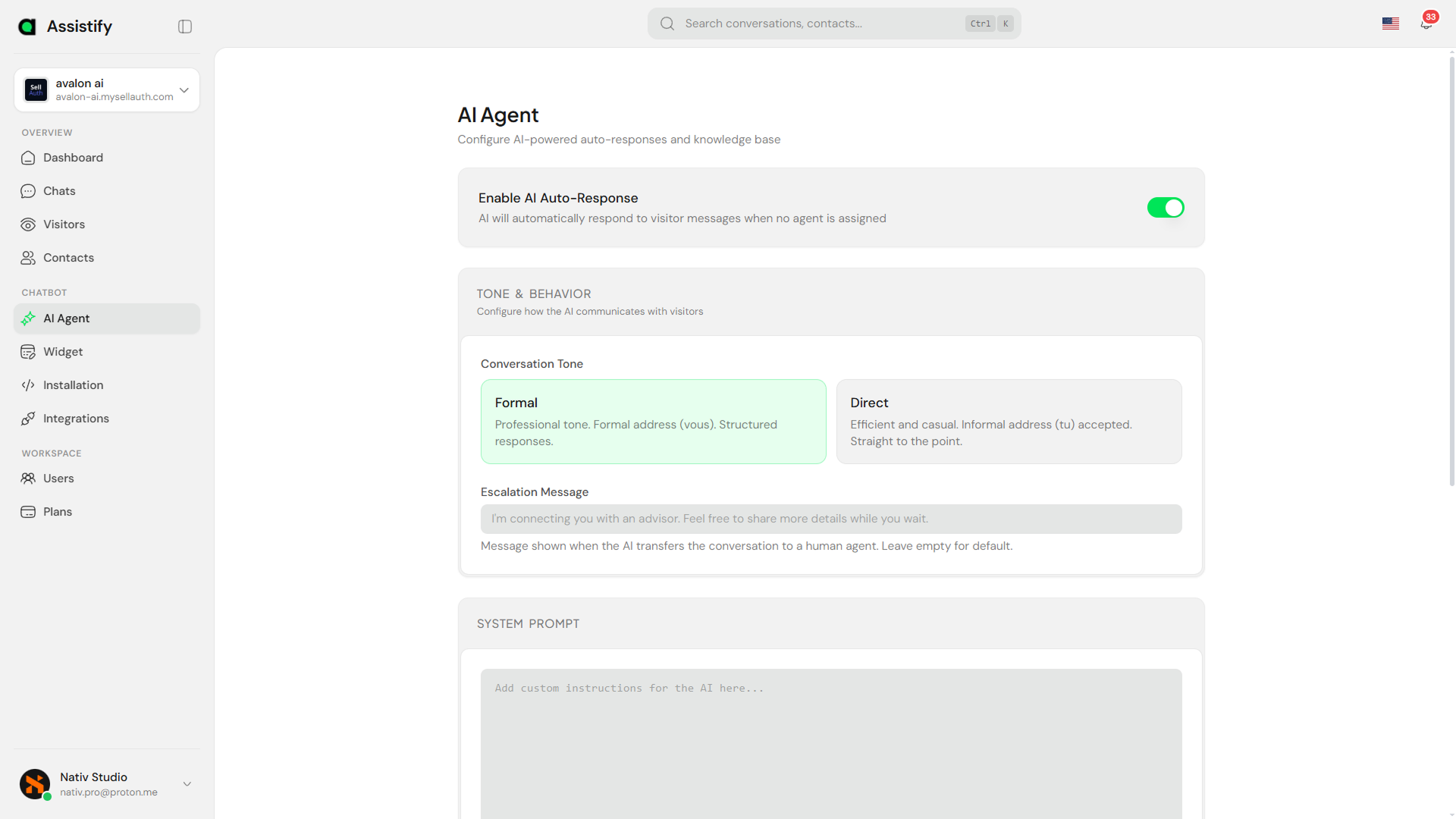 Assistify Dashboard - AI Agents view