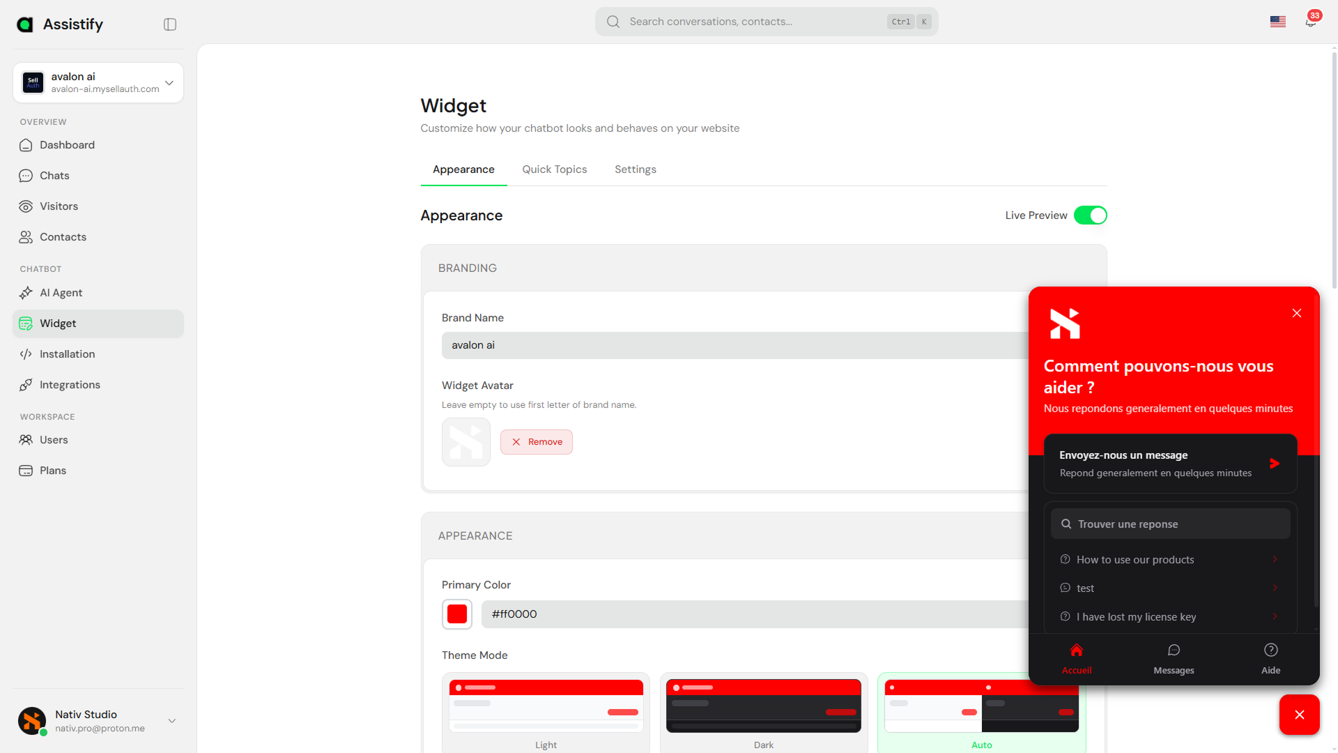 Assistify Dashboard - Widget view